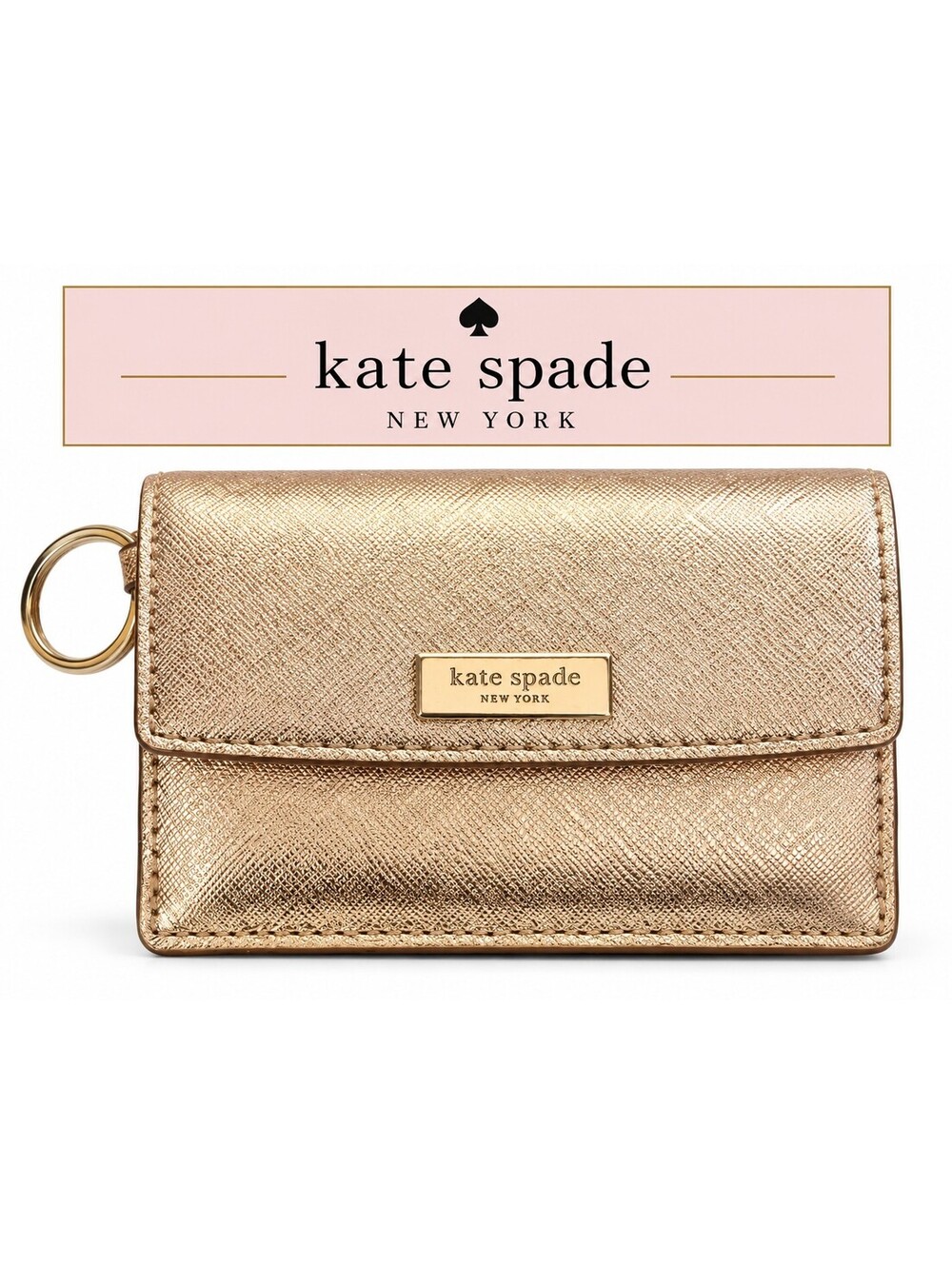 Kate Spade New York Metallic Rose Gold Compact Wallet Keychain Card Holder